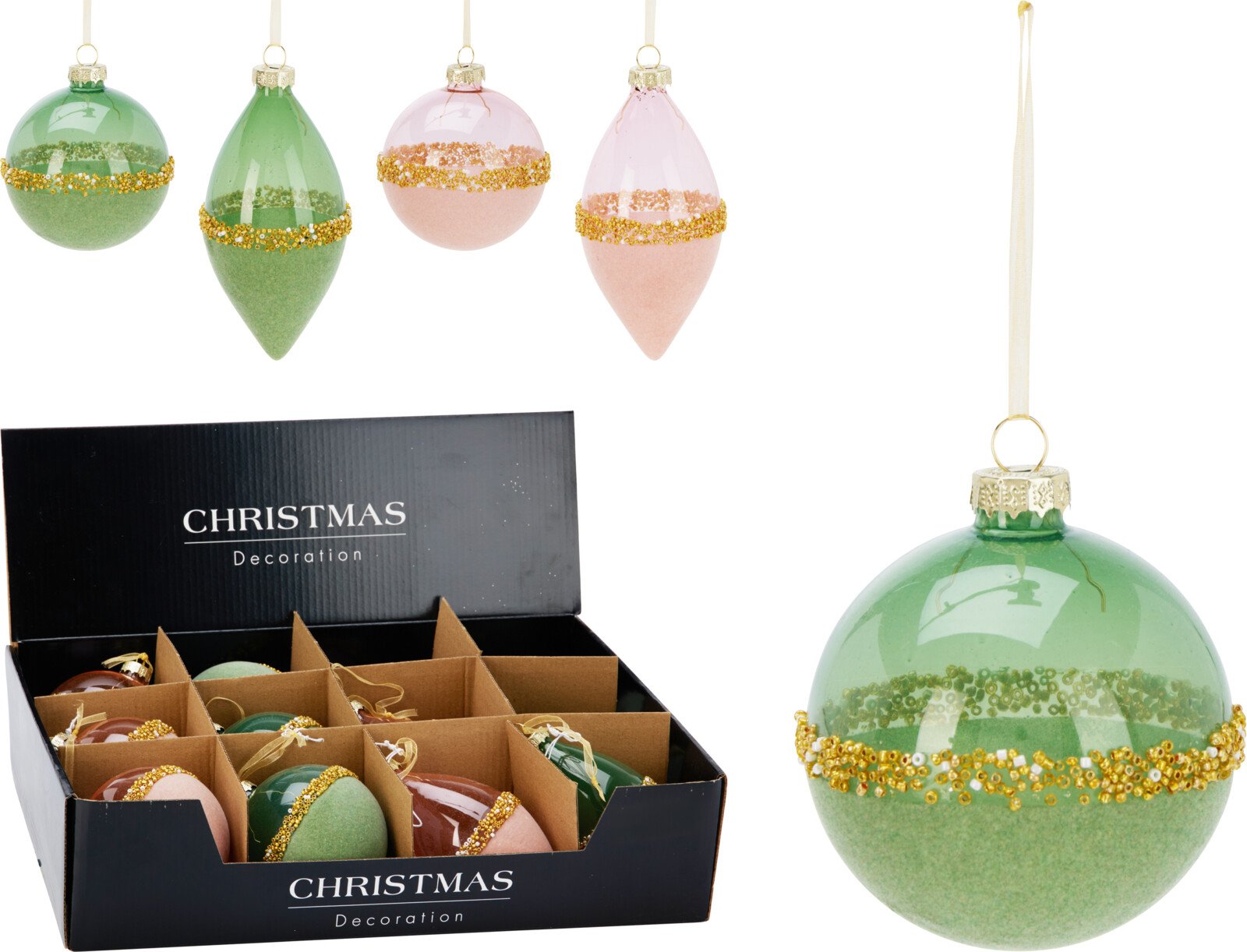 Eglutės žaisliukas, stiklas, 2 skirtingos sp., 2 skirtingi dizainai (kamuolys 8 cm, lašas 13 cm)