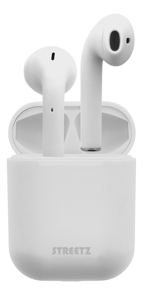 Įkraunamos belaidės ausinės STREETZ TWS-0004, Bluetooth 5, įkrovimo dėklas 300 mAh, baltos sp.