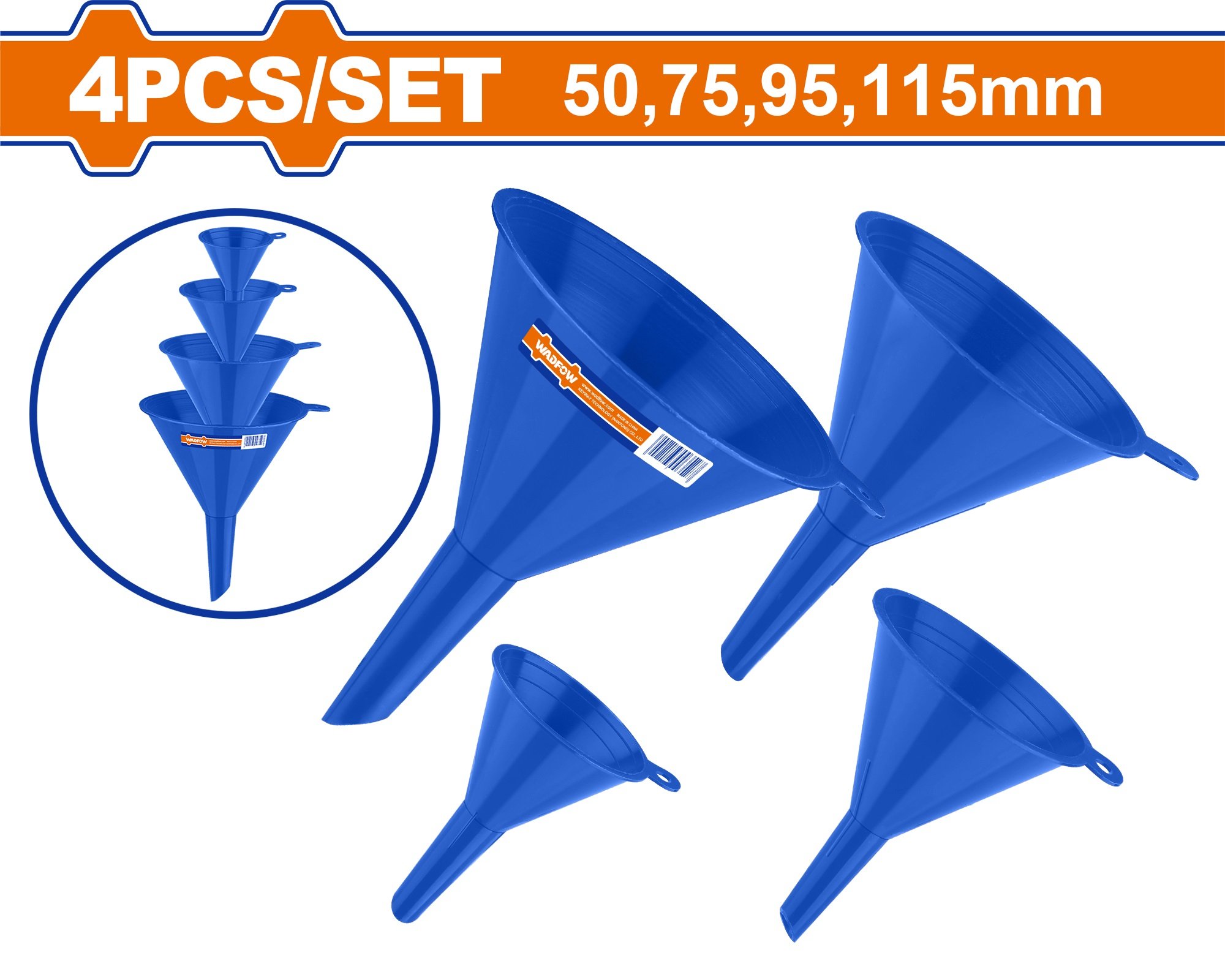 Plastikinių piltuvėlių komplektas WADFOW, 50, 75, 95, 115 mm, 4 vnt., WUFS2304