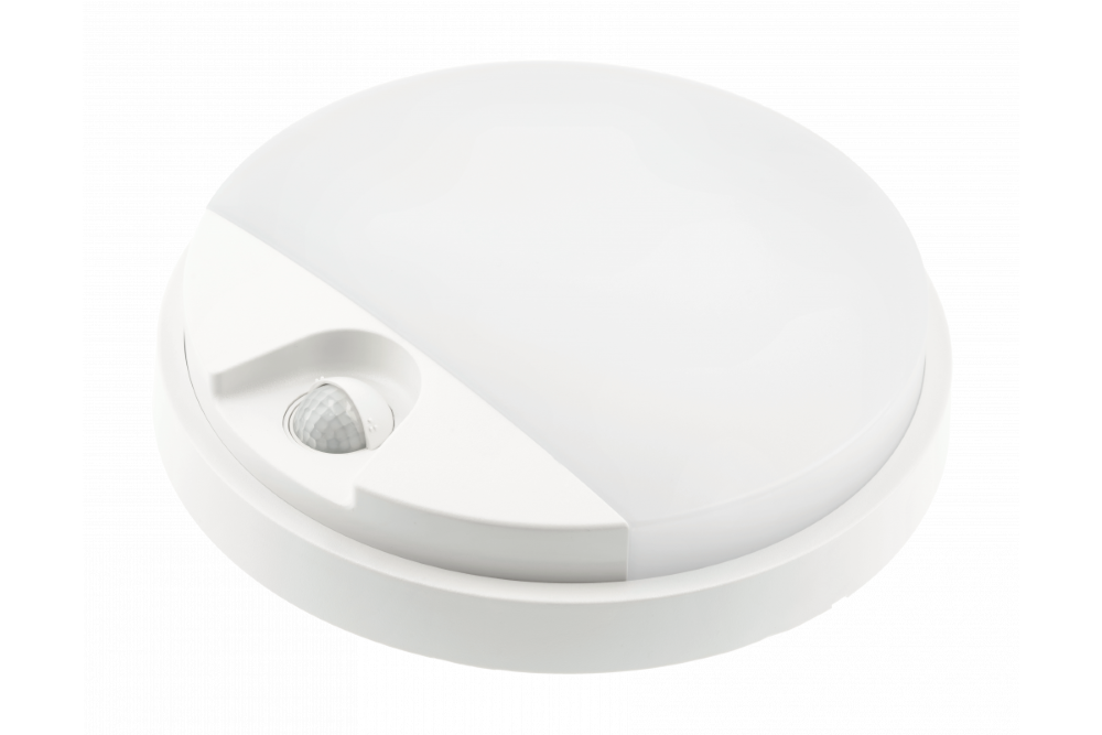 Lauko pakabinamas LED šviestuvas GTV Tulon, 15W, 1350lm, 4000K, su judesio jutikliu, IP54, apvalus, baltos sp.