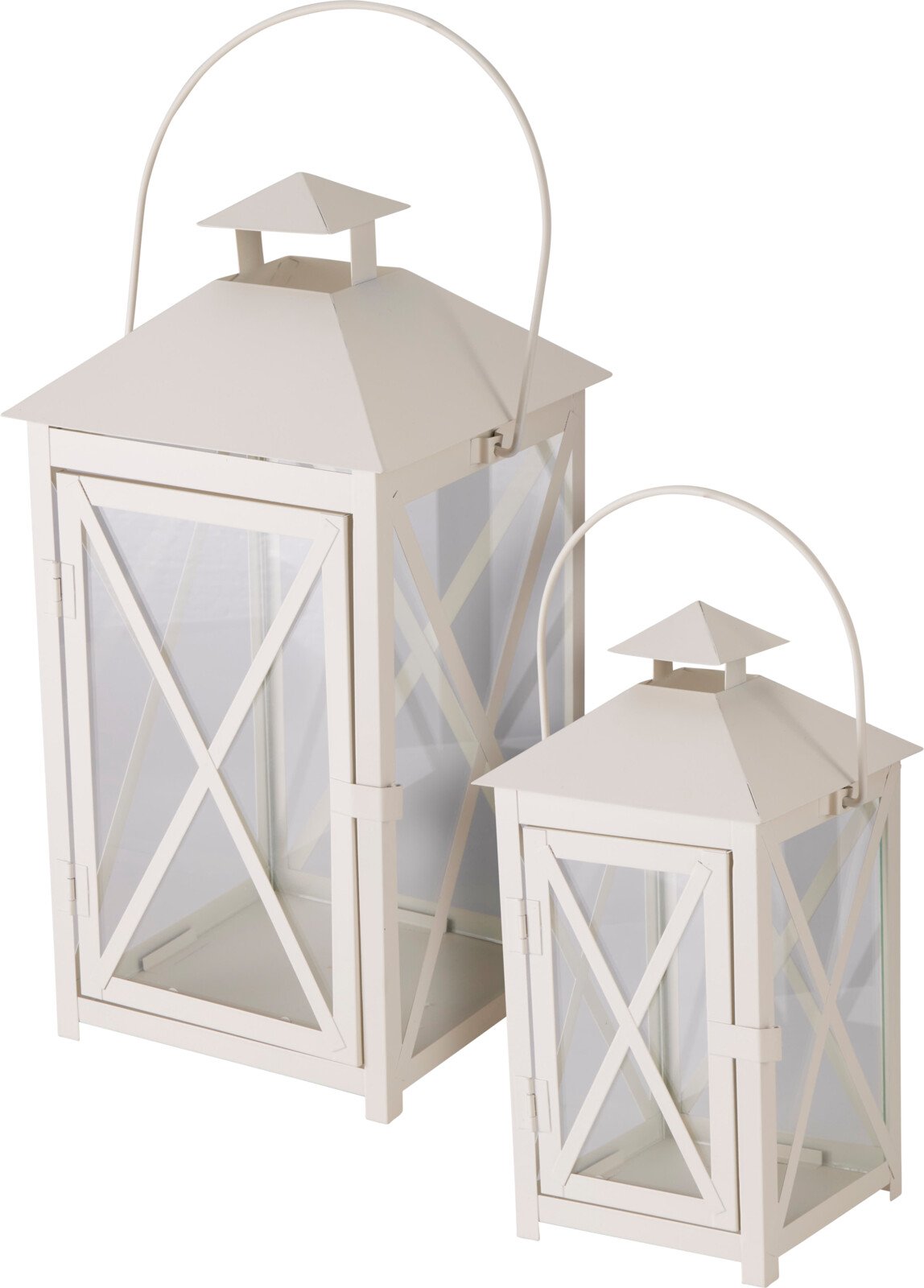 Žibintų rinkinys, 2 vnt., didelis 20 x 20 x 40 cm, mažas 15 x 15 x 30 cm, kreminės spalvos.