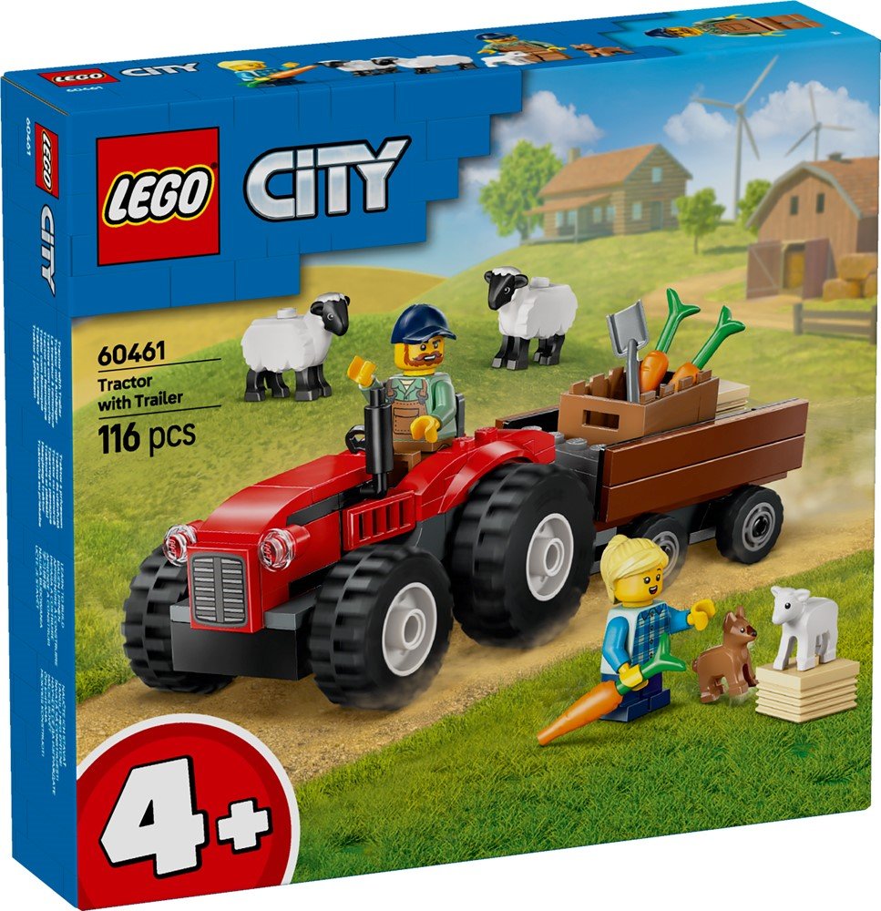 Konstruktorius LEGO City, raudonas ūkio traktorius su priekaba ir avimi