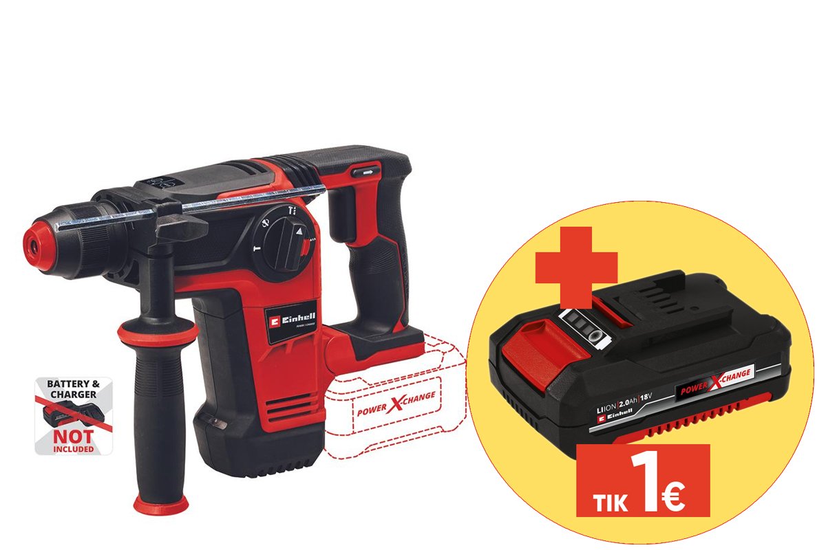 Akumuliatorinis perforatorius EINHELL TP-HD 18/26 Li BL Solo, smūgio galia 2,6 J, gręžimo galia betone 26 mm
