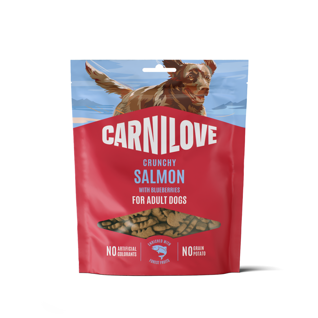 Skanėstas šunims CARNILOVE, tinkamas visiems šunims, su lašiša ir mėlynėmis, traškus skanėstas, 200g