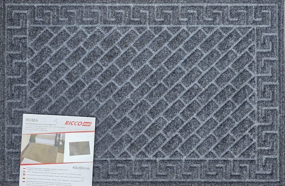 Durų kilimėlis RICCO Roma, 40 x 60 cm, pilkas, 100% PP ant guminio pagrindo, 450-001