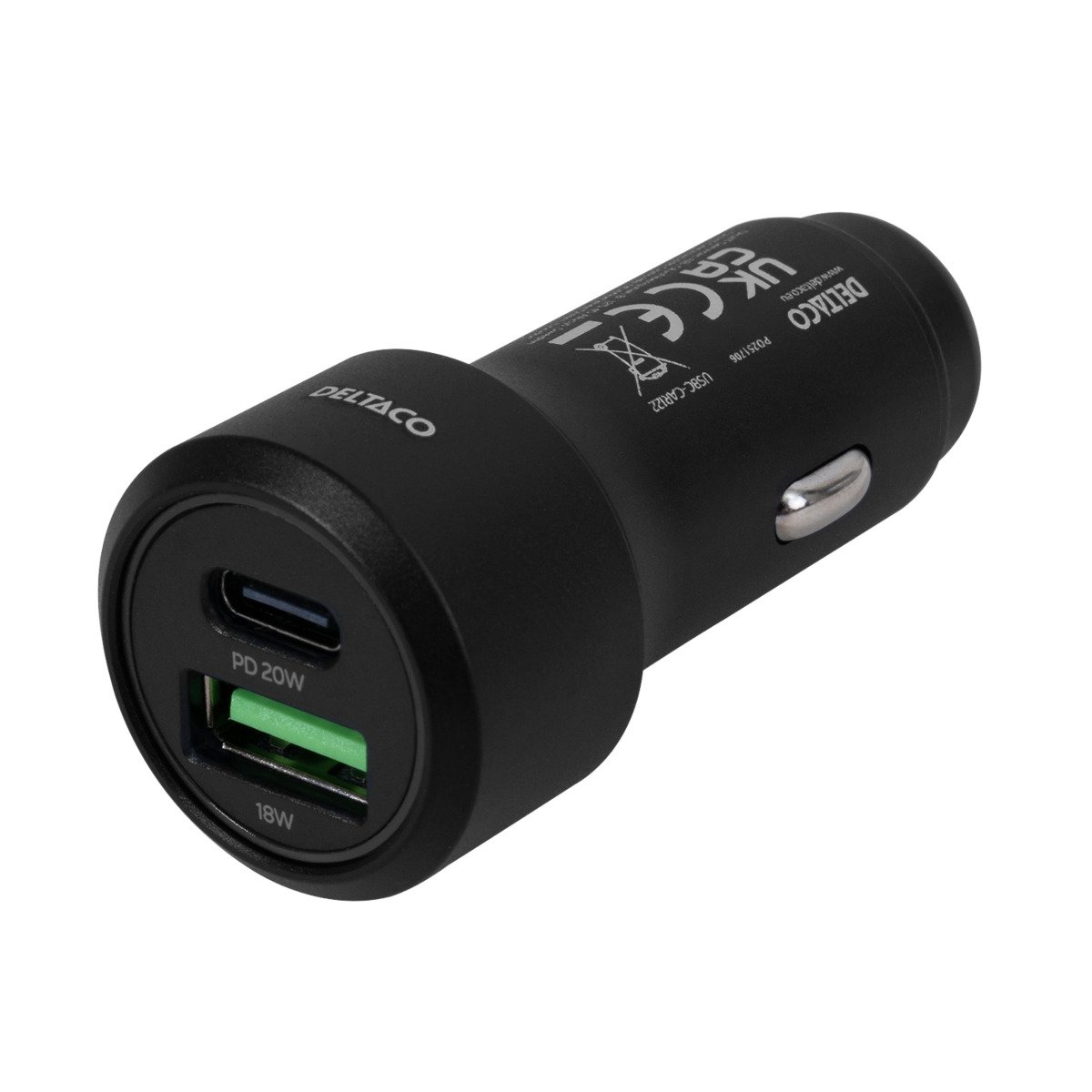 Automobilinis įkroviklis DELTACO USBC-CAR122, 1x USB-C 18 W, 1x USB-A 18 W, juodos sp.