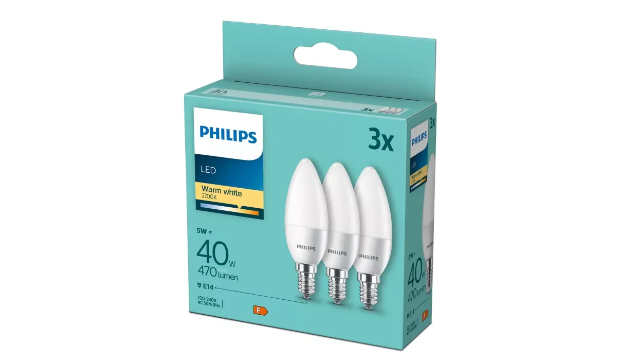 LED lemputė PHILIPS, 5W, E14 B35, WW, 2700K, 220-240V, 470 lm, 3 vnt.