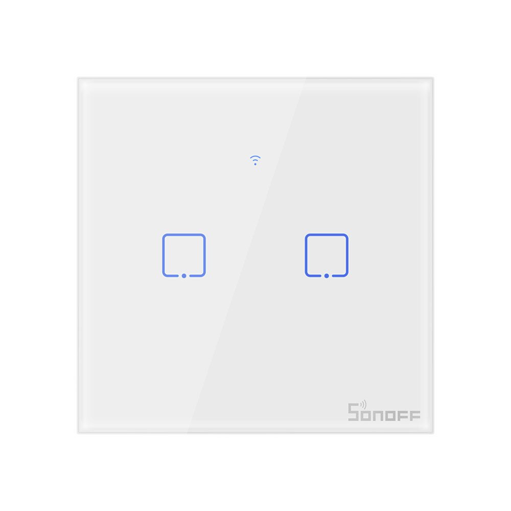 Išmanusis jungiklis SONOFF T2Eu2C-Tx, 2 kanalų, 480W/kanalui, 230V, vald. lieč. mygt., programėle, Wi-Fi, balsu ir SONOFF pult. (neįeina), baltas, IM190314016
