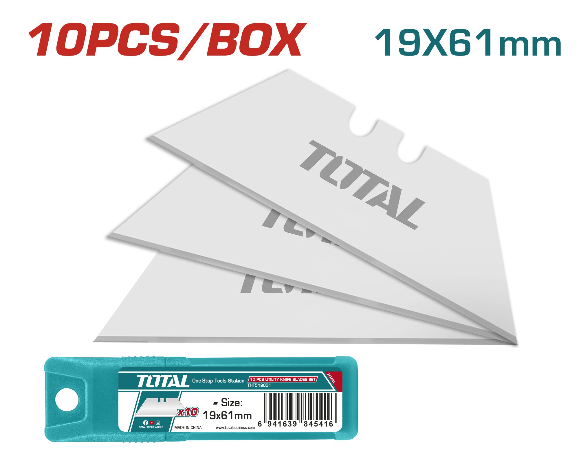 Geležtės peiliui TOTAL, trapecinės, 19x61 mm, 10 vnt., THT519001