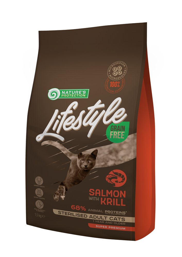 Sausas ėdalas katėms NATURE'S PROTECTION LIFESTYLE, suaugusių sterilizuotų kačių, begrūdis, su lašiša ir kriliu, 1,5kg