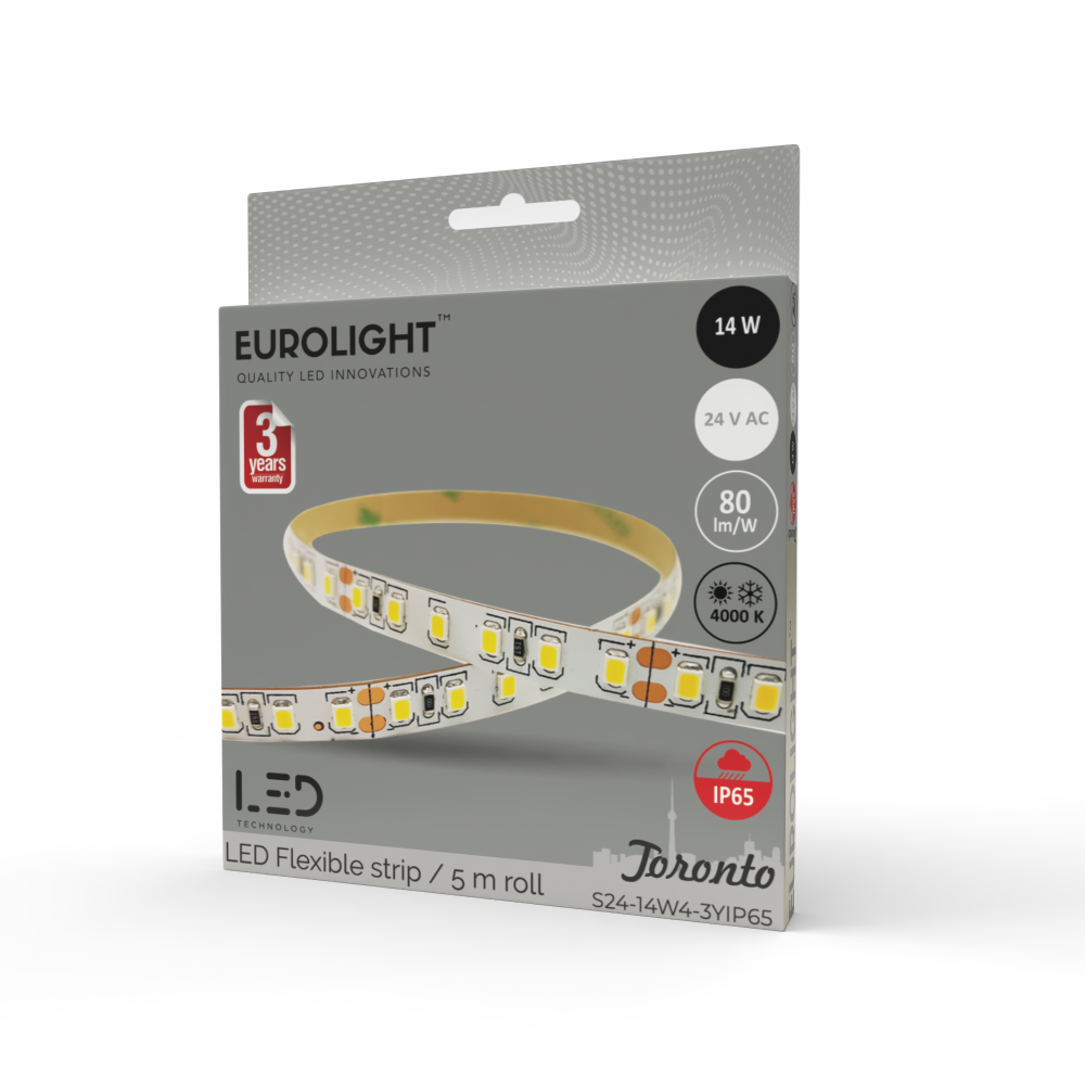 Šviesos diodų juosta EUROLIGHT Toronto, LED 5 m, 14 W / m, IP65, 4000K, 24V, 1120 lm / m, 8mm pločio, S24-14W4-3YIP65