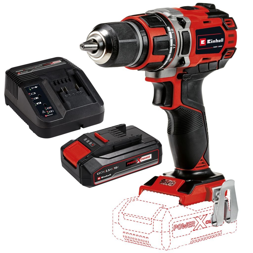 Akumuliatorinis gręžtuvas EINHELL TE-CD 18/50 LI BL, 18 V, bešepetėlis variklis, kmaks. sukimo momentas 50 Nm, kolplekte 1 x 2,5 Ah akumuliatorius ir kroviklis