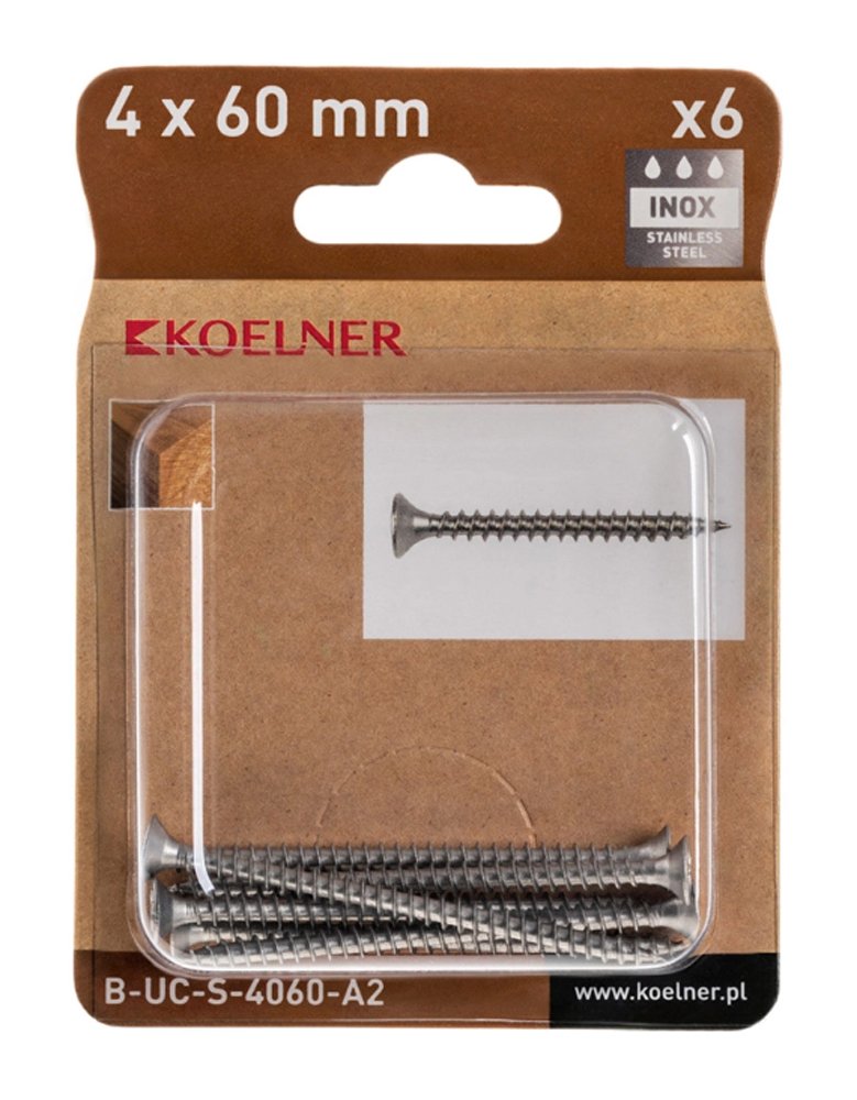 Medsraigčiai KOELNER, 4 x 60 mm, įleidžiama galva, nerūd. plieno A2, 6 vnt., PZ