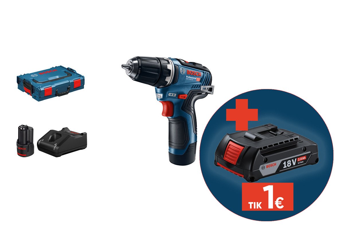 Akumuliatorinis suktuvas BOSCH Professional GSR 12V-35, 12 V, sukimo momentas 20-35 Nm, komplekte 2 x 3,0 Ah akumuliatoriai ir kroviklis, lagaminas, 06019H8002