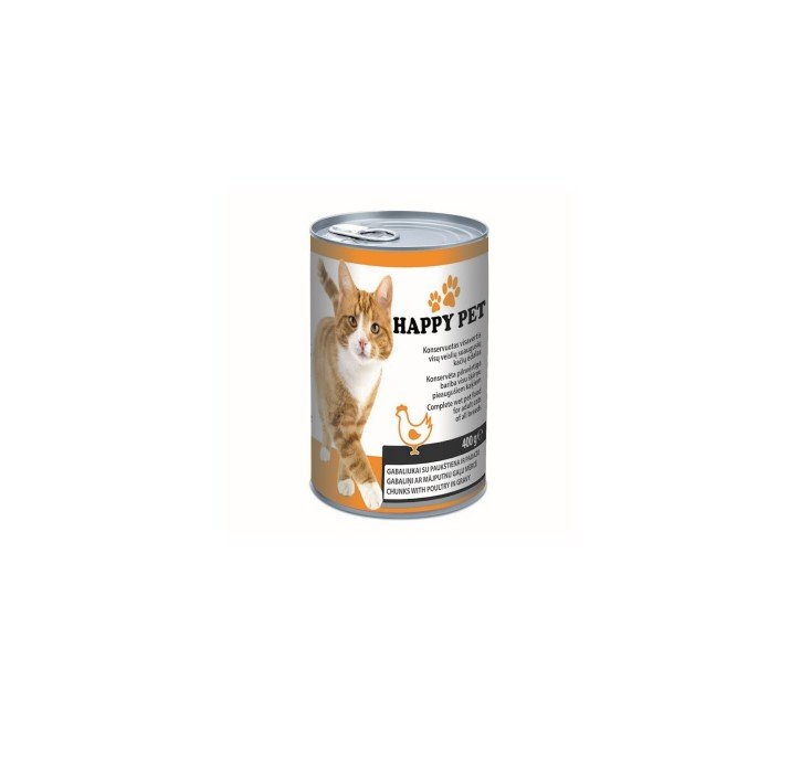 Konservuotas kačių ėdalas HAPPY PET, su paukštiena, 400g