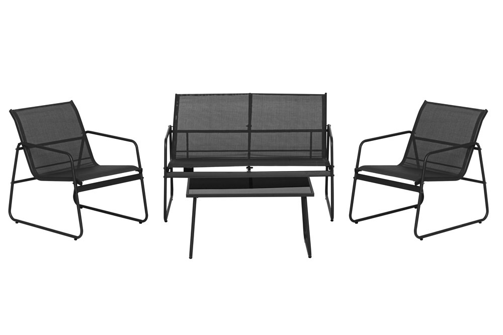 Lauko baldų komplektas 4LIVING Kiira, komplektą sudaro 2 krėslai, dvivietė sofa ir stalas, juodos sp.