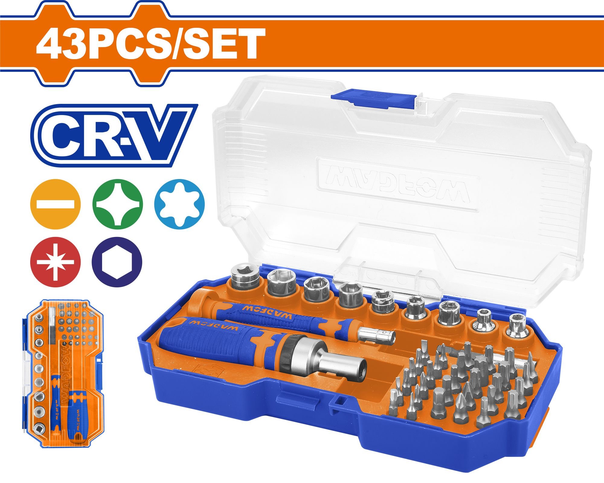Sukimo antgalių rinkinys WADFOW, Cr-V, 43 vnt., WSS8B43