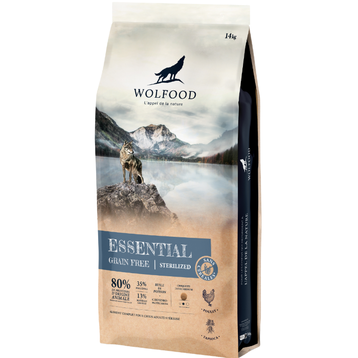 Sausas šunų ėdalas WOLFOOD Essential, be grūdų, sterilizuotiems suaugusiems šunims, su vištiena ir tapijoka, 14 kg
