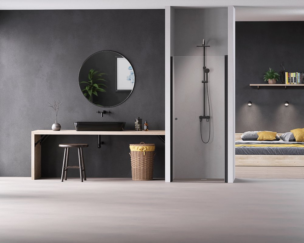 Dušo durys HARMONY Nerea Black HAR-0066, 80 x 195 cm, kvadratinės, berėmės, su juodu profiliu, skaidrus 6 mm stiklas