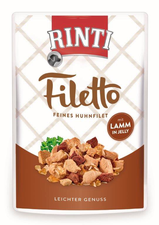 Konservuotas šunų ėdalas RINTI Filetto, su vištiena ir ėriena, maišelyje, 100g