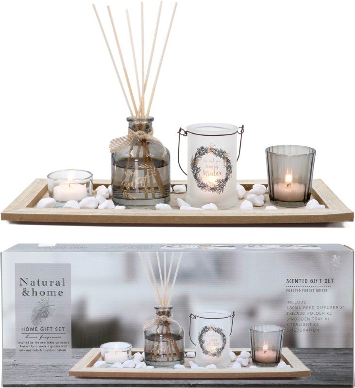 Namų kvapo ir žvakių dovanų rinkinys, su  mediniu padėklu