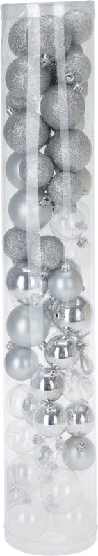 Eglutės žaisliukai, burbulo formos, 4 cm ir 5 cm, plastikiniai, sidabro sp., 60 vnt.