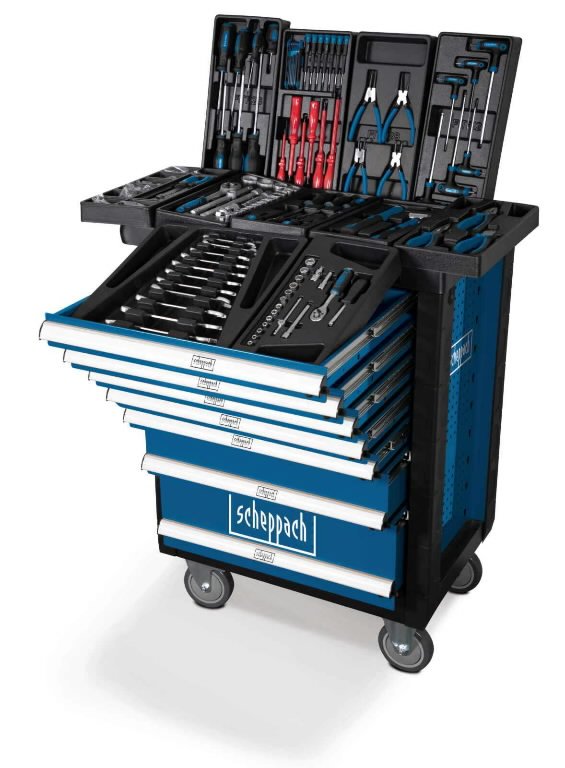 Įrankių vežimėlis SCHEPPACH TW1 TW1000, su 7 stalčiais ir įrankiais, 263 dalys