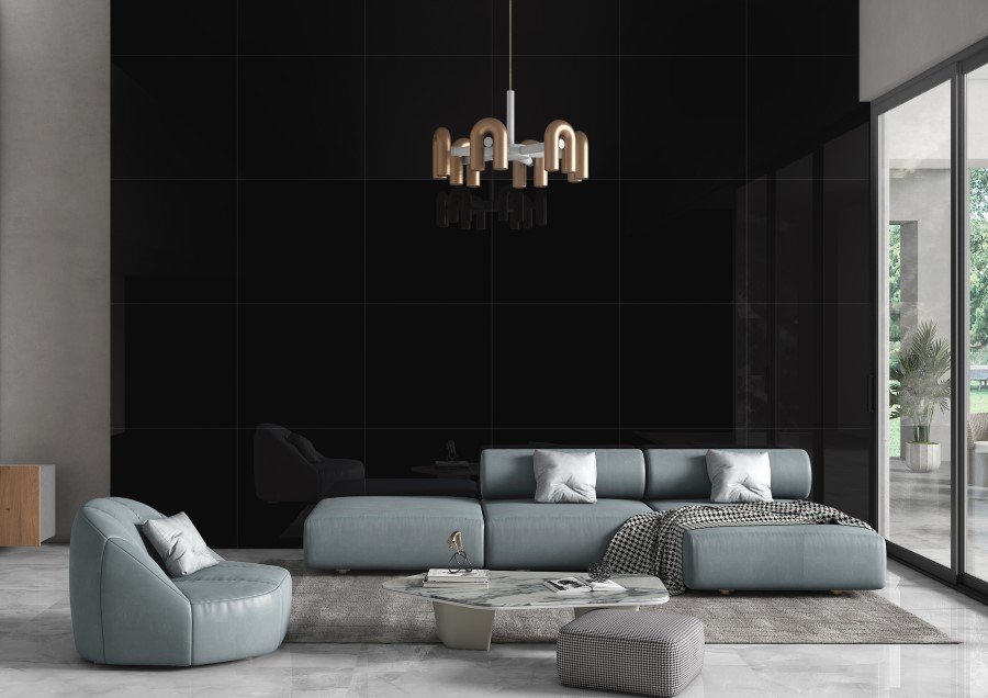 Akmens masės sienų plytelės FOUR TILE SUPER BLACK, 60 x 60 cm, 1,44 m2/dėž., glazūruotos, rektifikuotos, poliruotos, paviršius ypač blizgus HG, spl. juoda, N