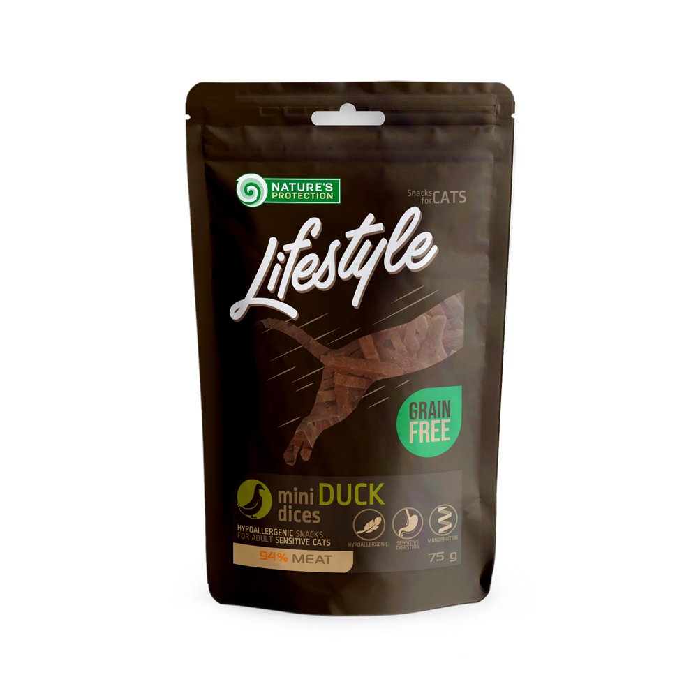Skanėstas katėms NATURE'S PROTECTION LIFESTYLE, maži antienos gabaliukai, 75g