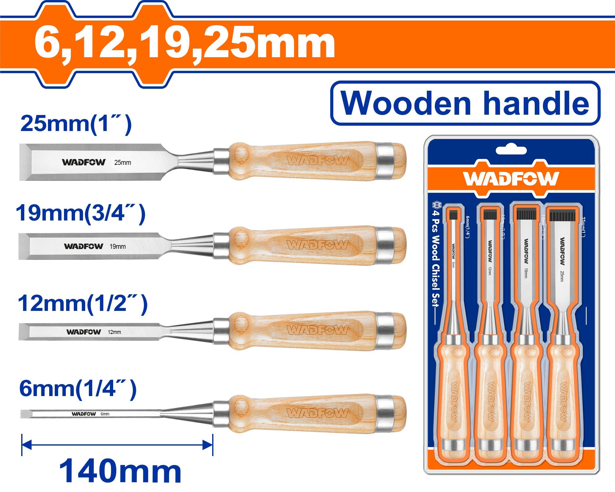 Kaltų medžiui rinkinys WADFOW, 6,12,19,25x140 mm, 4 vnt., WWC3214