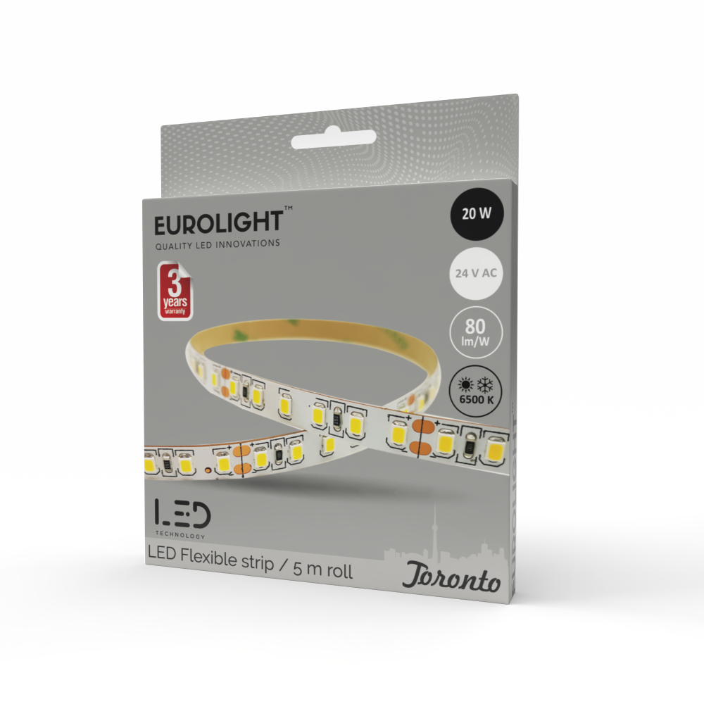 Šviesos diodų juosta EUROLIGHT Toronto, LED 5 m, 20 W / m, IP20, 6500K, 24V, 1600 lm / m, 8mm pločio, S24-20W6-3YIP20