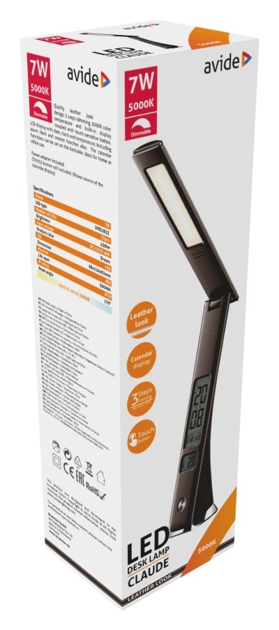 Stalinis šviestuvas AVIDE Abldl-Blc-7W-Br Claude/Hugo, 32 LED, 6-7 W, 3000-5000-6400K, 300-450 lm, dimer., LCD ekranas, laikrodis, data, temperatūra, oda, rudos spalvos