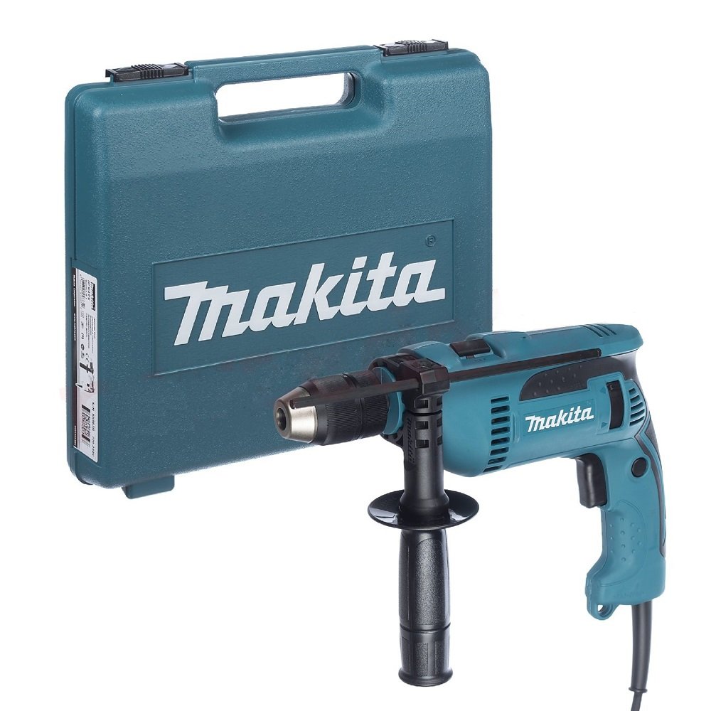 Elektrinis smūginis gręžtuvas MAKITA HP1641FJ, 680 W, 13 mm ranka užveržiamas griebtuvas, lagaminas, LED