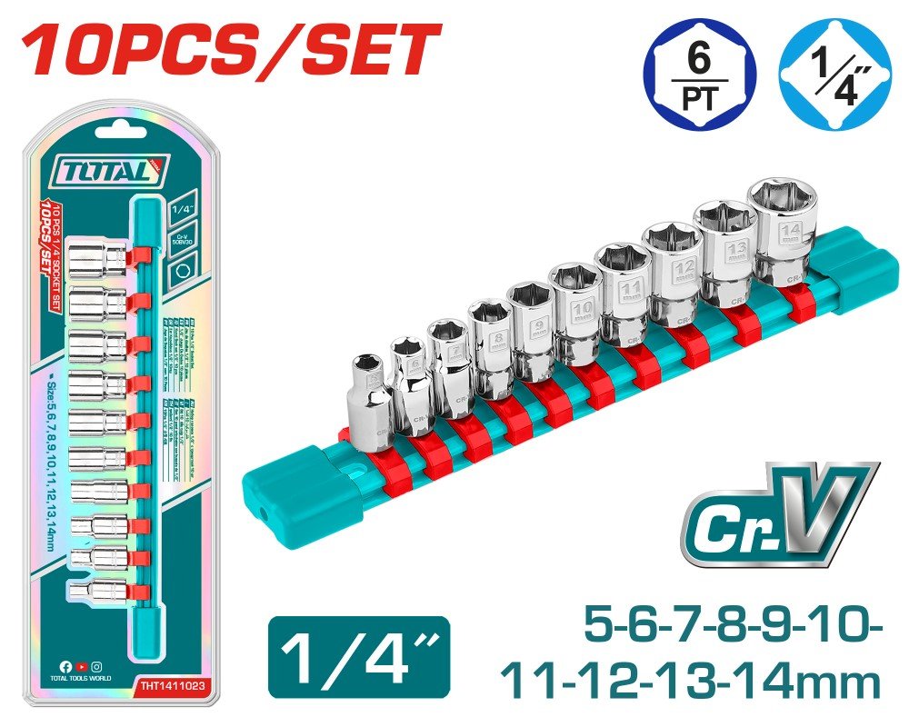 Galvučių rinkinys TOTAL, Cr-V, 1/4", 10 vnt, THT1411023