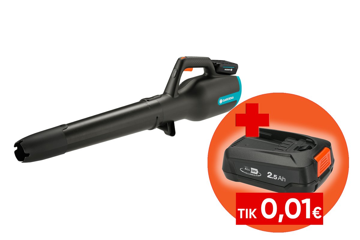 Akumuliatorinis lapų pūstuvas GARDENA Powerjet 18V P4A, Li-Ion 18V/ 2.5Ah, pūtimas iki 100 km/h, svoris 1.8 kg
