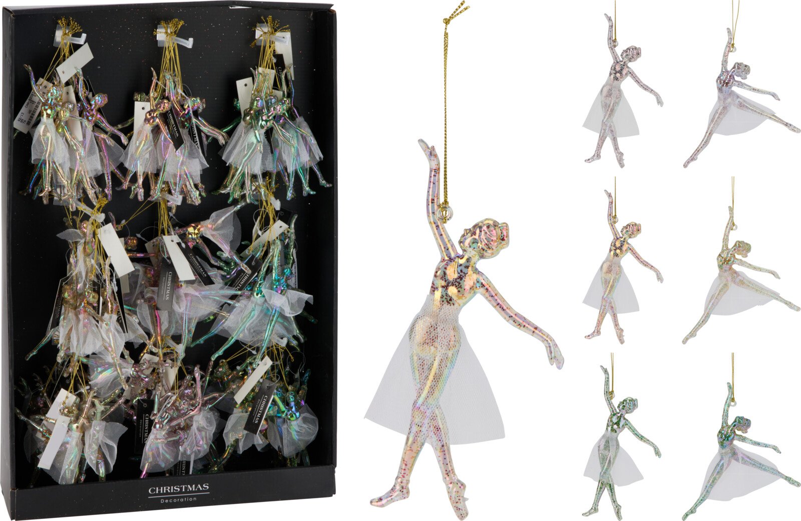 Kalėdinė dekoracija Balerina, pakabinama, skirtingų sp. (skaidri, žalia, rožinė), 3 skirtingi dizainai