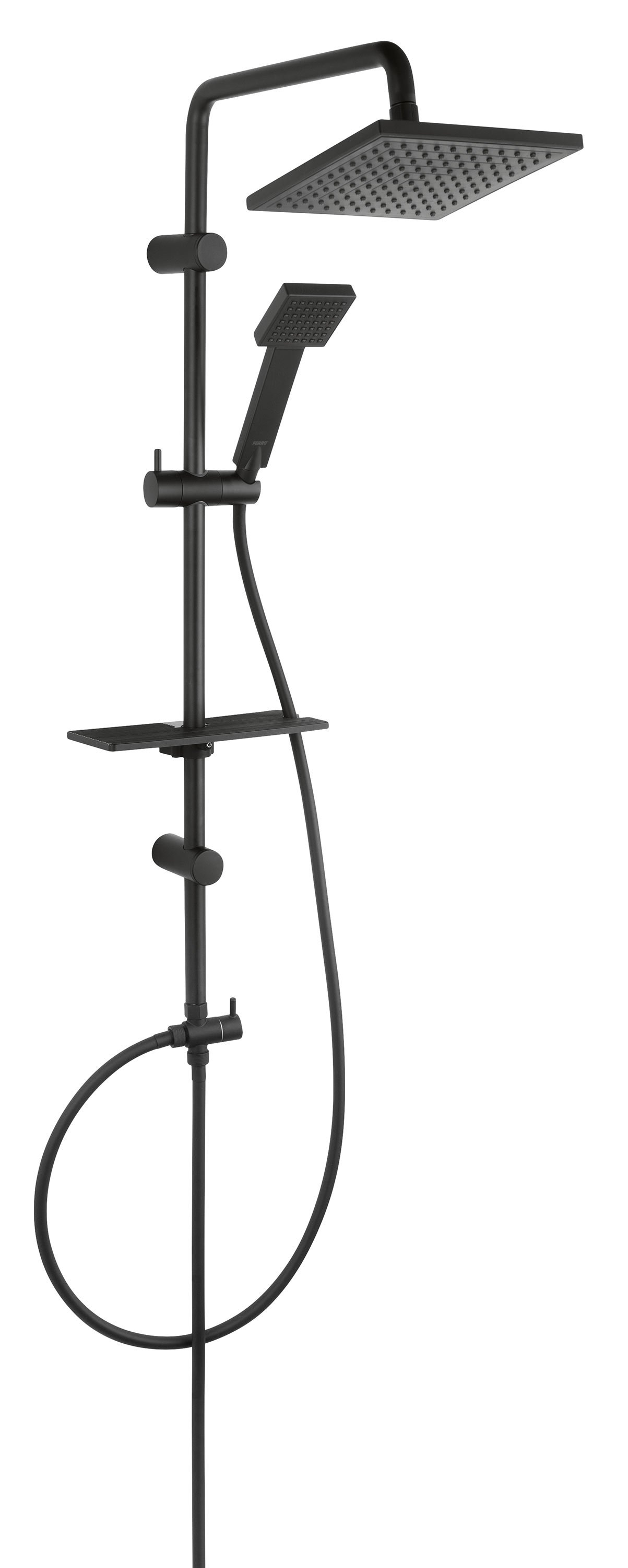 Dušo komplektas FERRO Matteo Pro Square Black, stovas 985 mm, dušo galvutės kvadratinės, žarna 150 cm, juodas, NP44-BL