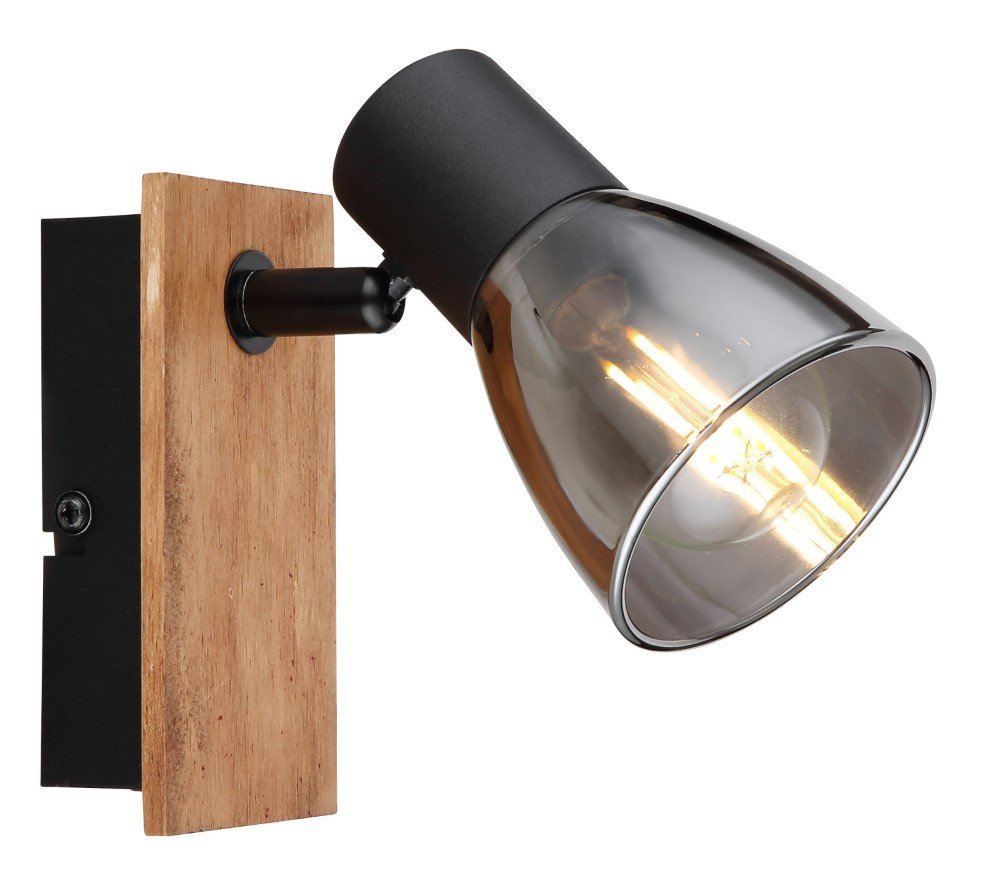Kryptinis šviestuvas GLOBO Claude, E14, 1 x 40W, 230V, su jung., juodos matinės sp. metalas, tamsiai rudas medis, dūmų sp. Stiklas, 70x140x155mm, 54307-1W