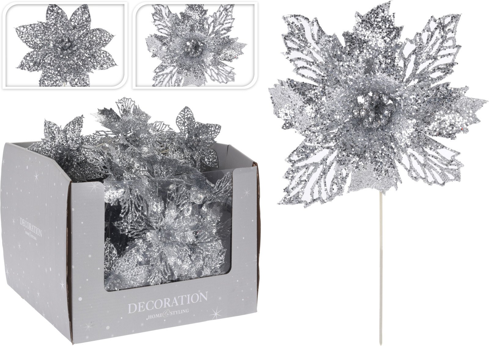 Kalėdinė dekoracija, gėlė ant smeigtuko, sidabro sp., 14 x 14 x 21 cm