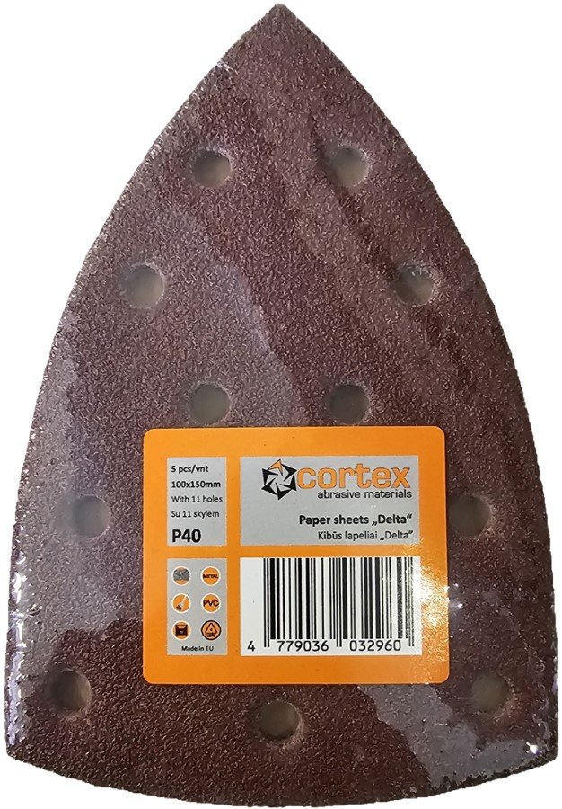 Šlifavimo lapelis CORTEX, DELTA tipo, P40, 100x150 mm, 5 vnt.