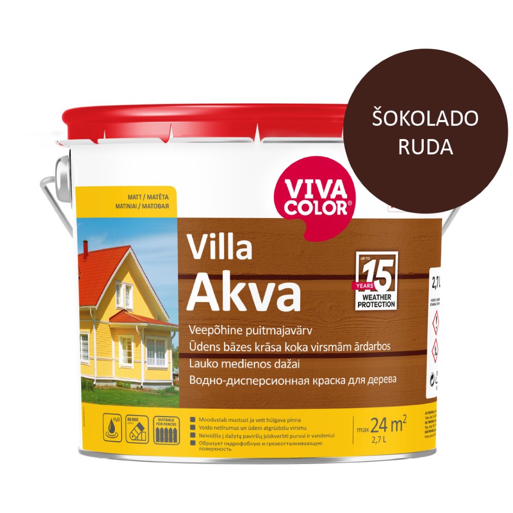 Medinių fasadų dažai VIVACOLOR Villa Akva, 2,7 l, šokolado rudos RAL 8017 sp.