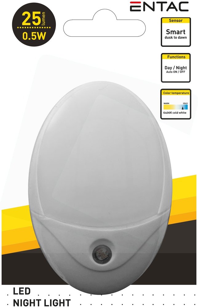 Sieninis šviestuvas ENTAC En-1963, naktinis, 0,5 W, 220-240 V, 6400 K, 25 lm, IP20, automatinis įsijungimas temstant, baltos sp.