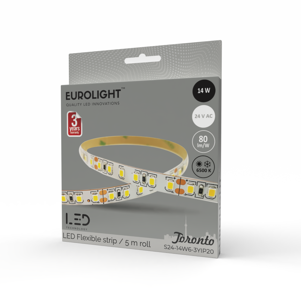 Šviesos diodų juosta EUROLIGHT Toronto, LED 5 m, 20 W / m, IP65, 3000K, 24V, 1600 lm / m, 8mm pločio, S24-20W3-3YIP65