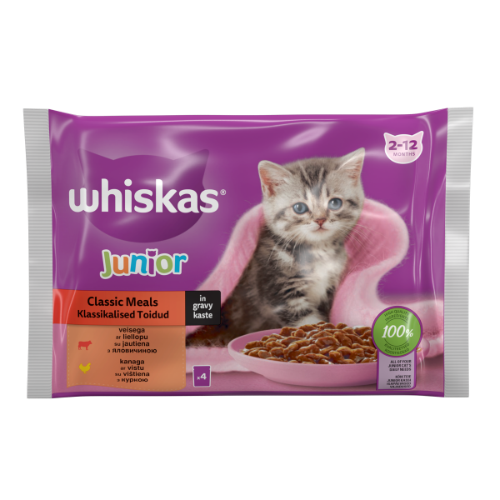 Konservuotas ėdalas kačiukams WHISKAS Junior, su mėsa, 4x85 g