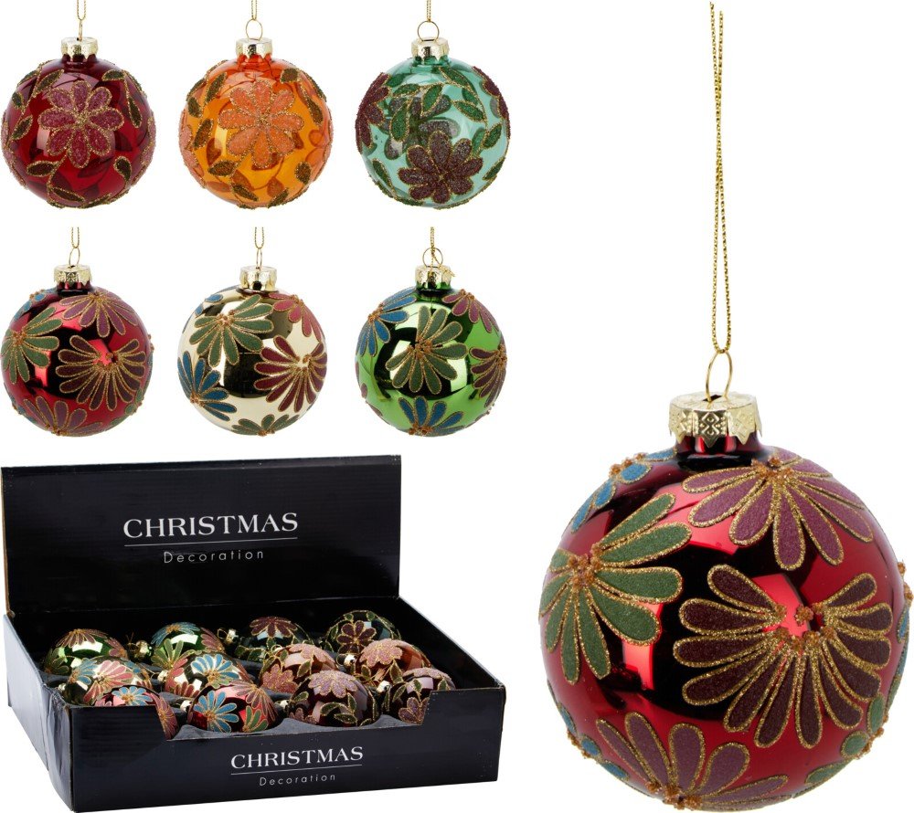 Eglutės žaisliukas Gėlės, stiklas, 6 skirtingos sp., skersmuo 8 cm