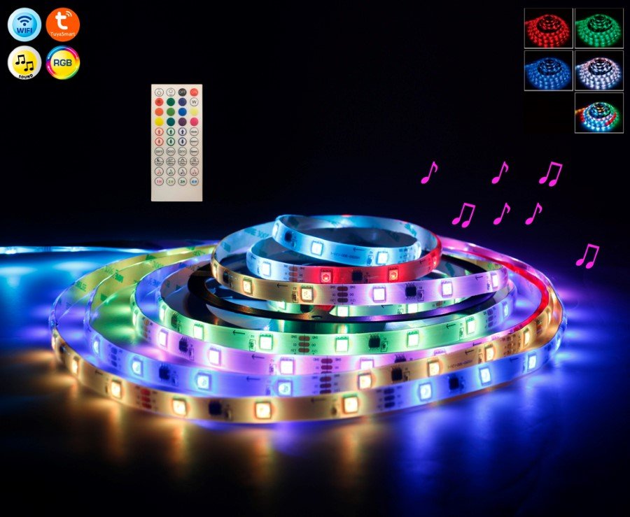 Išmaniosios šviesos diodų juostos komplektas SPECTOR LIGHT, 17614S+Tuya Music, LED 5m, 7,2W/m, IP44, RGB, dimer., muzikos progr., 12V, 30 LED/m, kompl. pultas, transf. 220V-12V