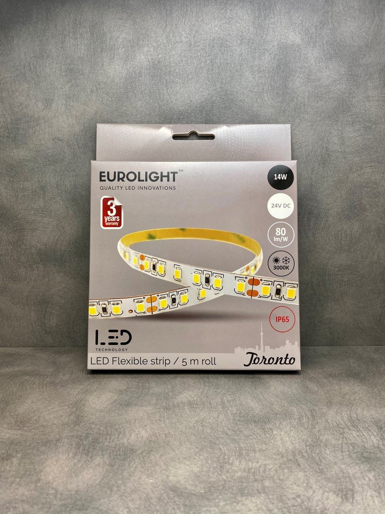 Šviesos diodų juosta EUROLIGHT Toronto, LED 5 m, 14 W / m, IP65, 3000K, 24V, 1120 lm / m, 8mm pločio, S24-14W3-3YIP65