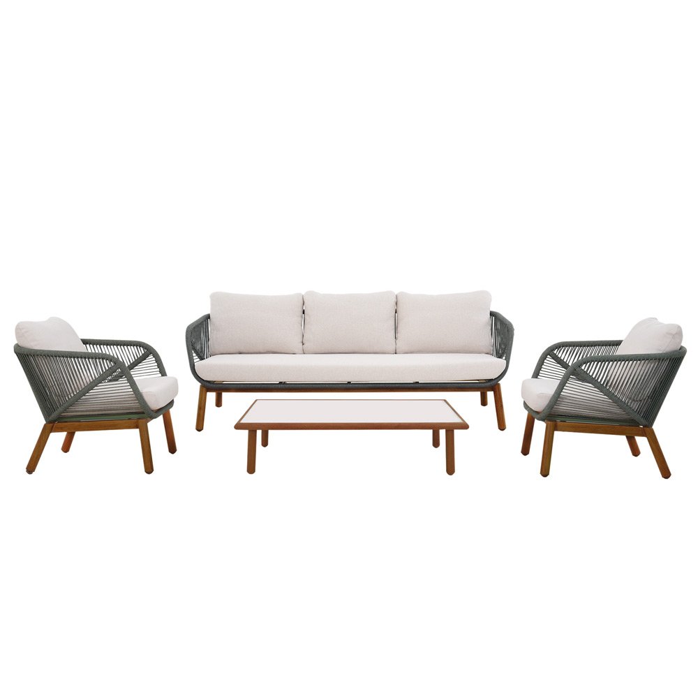 Lauko baldų komplektas ESTI ESTA AURO CSS, 2 foteliai, trivietė sofa, kavos staliukas, žalios ir smėlinės spalvos