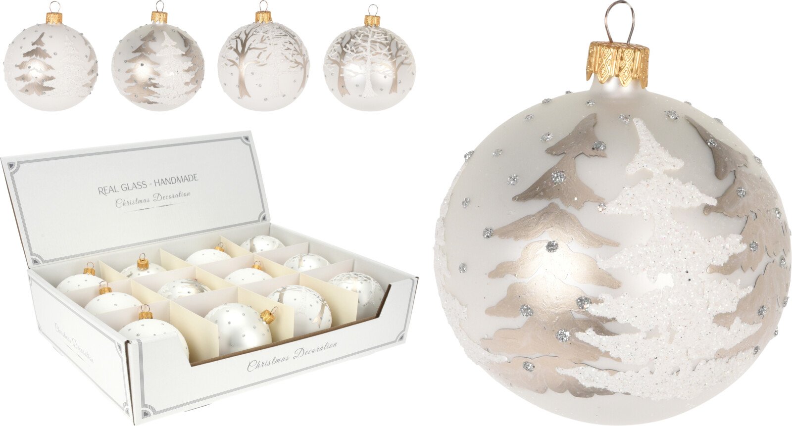 Eglutės žaisliukas Eglutės, stiklas, 4 skirtingos sp., skersmuo 8 cm