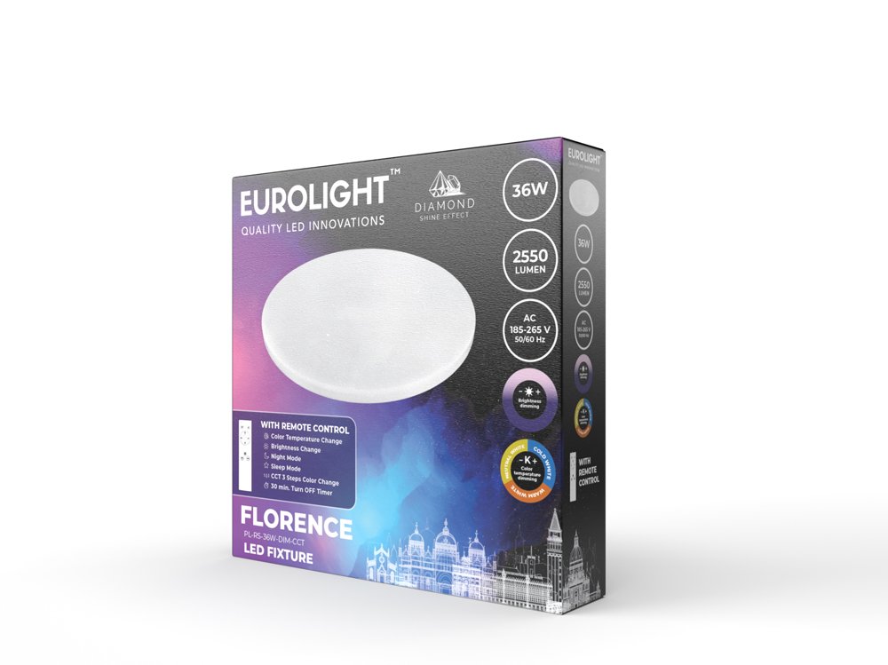 Lubinis LED šviestuvas EUROLIGHT Florence, 36 W, 185-265 V, 2340 lm, IP20, su pultu, dimeriuojamas, 380 x 60 mm, PL-RS-36W-DIM-CCT